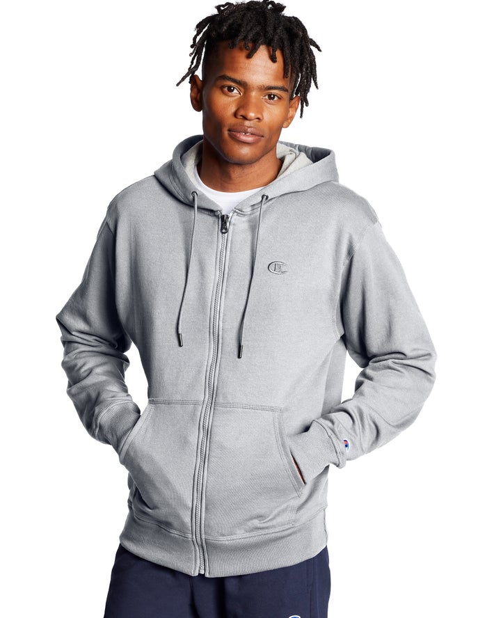 Sudadera Con Capucha Champion Hombre - Powerblend Fleece Full Zip C Logo ( Gris ) 8136540-ZN